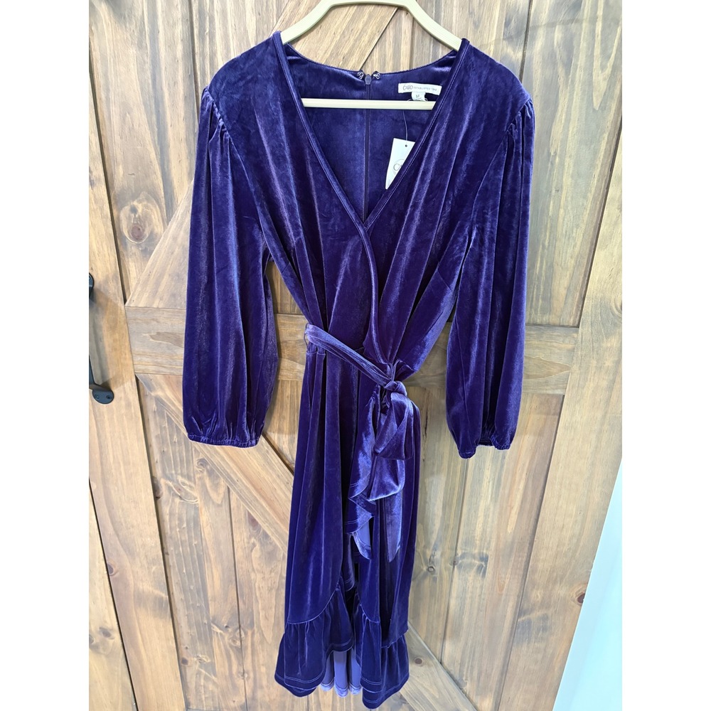 Cato Womens Purple Velvet Wrap Dress Long Sleeve Ruffle Hem Midi M NWT